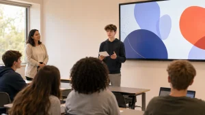 alunno in aula mentre cerca di preparare una presentazione in inglese
