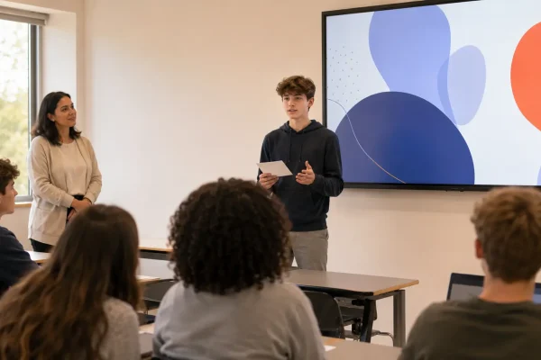 alunno in aula mentre cerca di preparare una presentazione in inglese