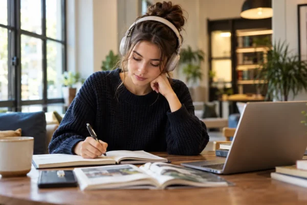 Quanto tempo serve per preparare il B2 Cambridge? Studentessa concentrata nello studio con laptop, cuffie e quaderno in un ambiente moderno e accogliente.