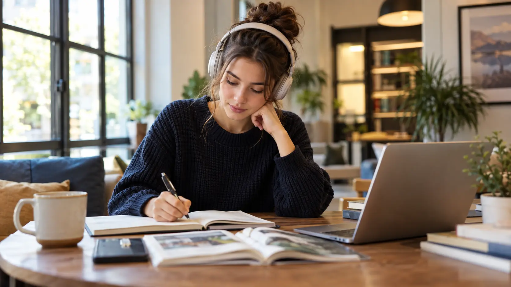Quanto tempo serve per preparare il B2 Cambridge? Studentessa concentrata nello studio con laptop, cuffie e quaderno in un ambiente moderno e accogliente.