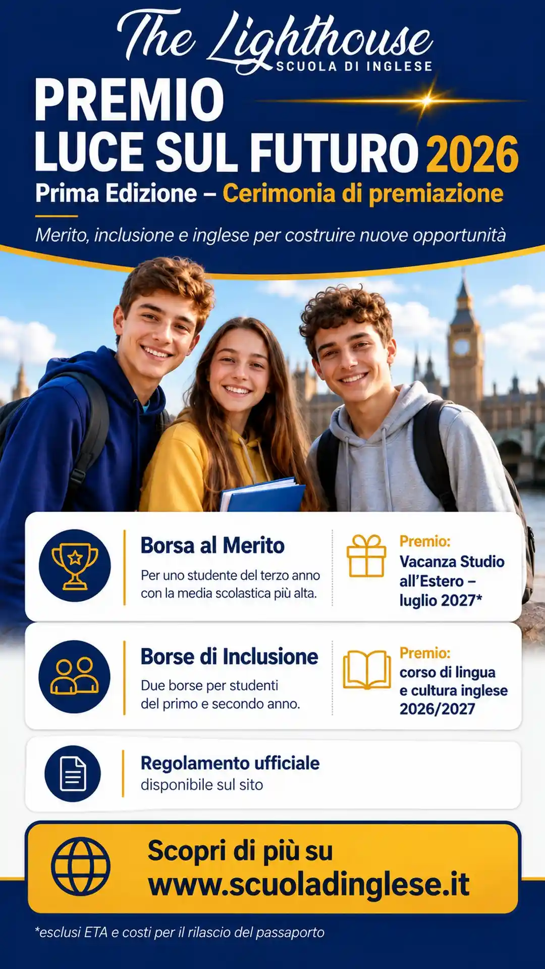Locandina del Premio Luce sul Futuro 2026 di The Lighthouse, con le borse al merito e di inclusione mobile